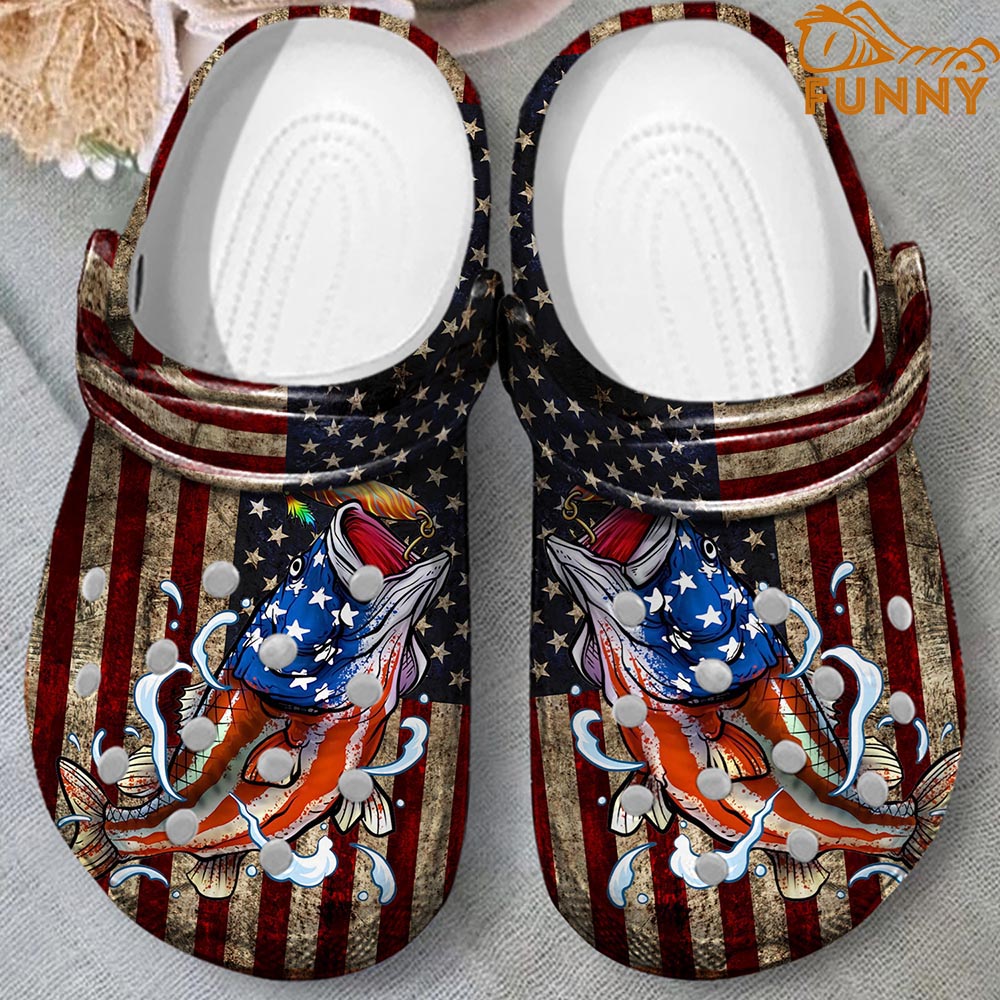 American Flag Bass Fish Crocs - Step into style with Funny Crocs