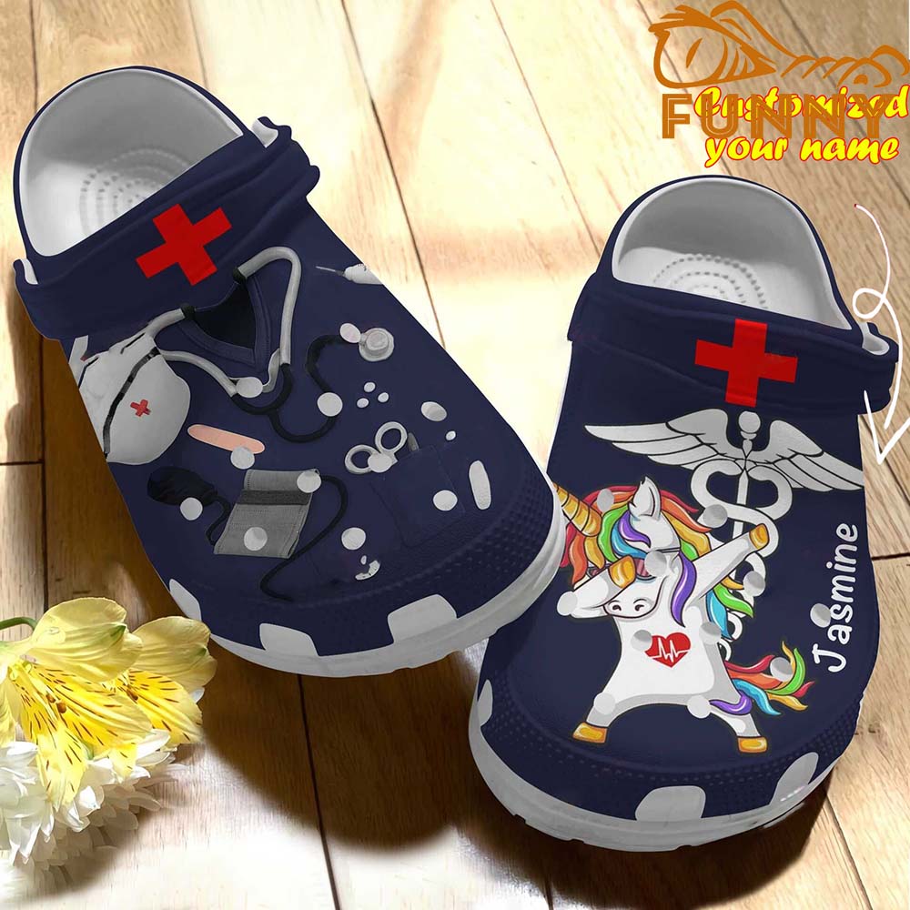Personalized Scrubs For Nurses And Unicorn Navy Crocs