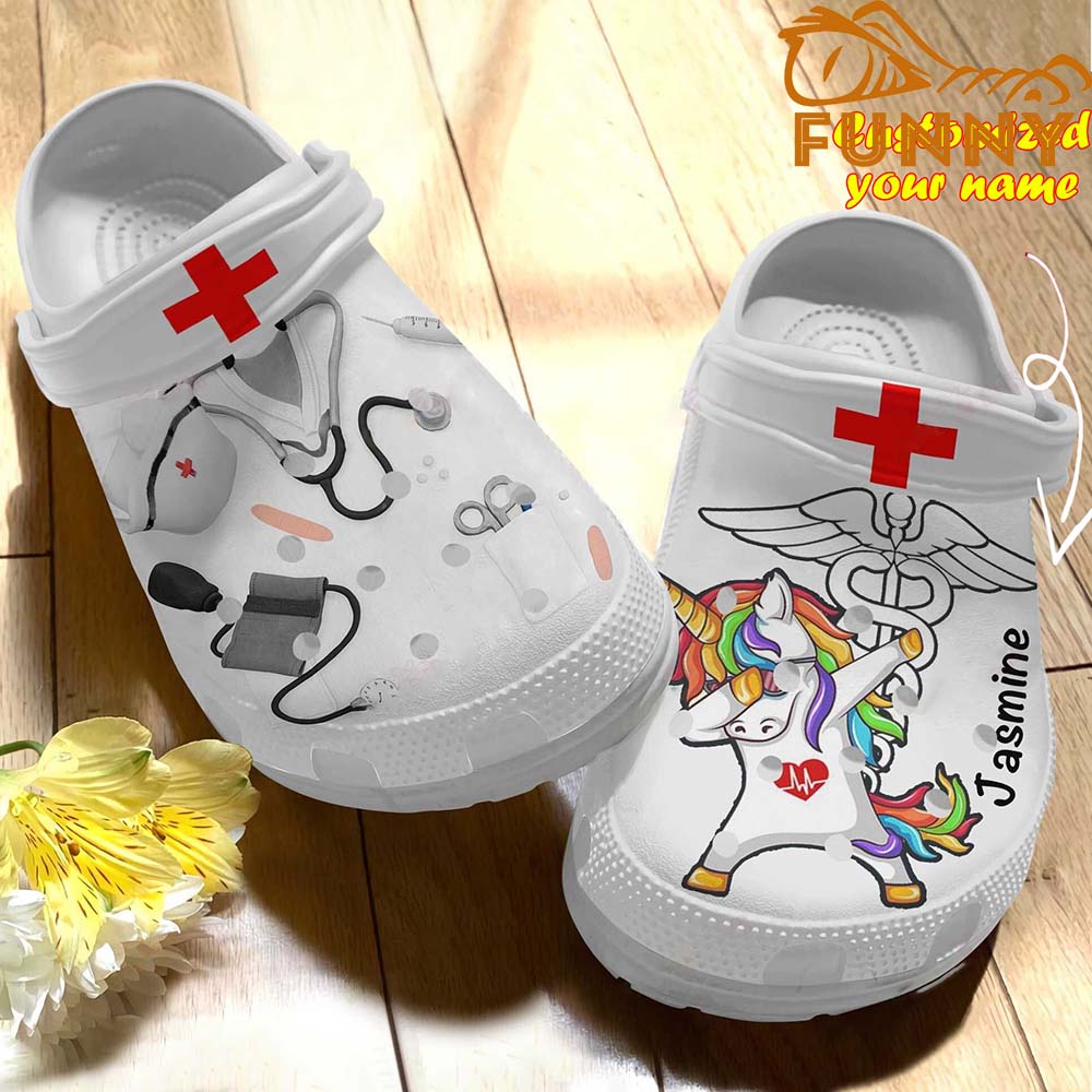 Personalized Scrubs For Nurses And Unicorn White Crocs