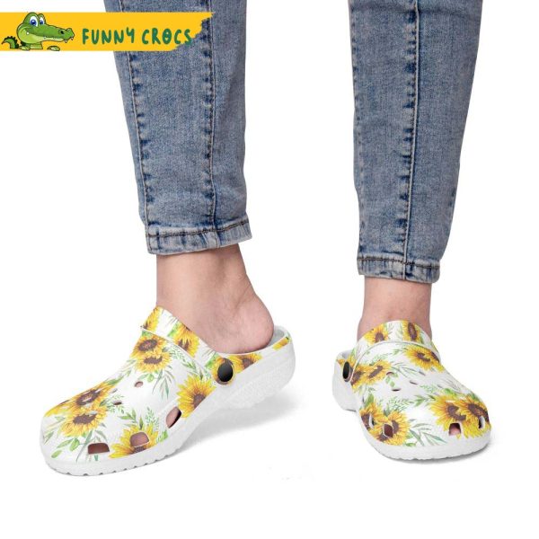 Floral Retro Groovy Vibes Peace Flowers Sunflowers White Background Crocs Clog Shoes