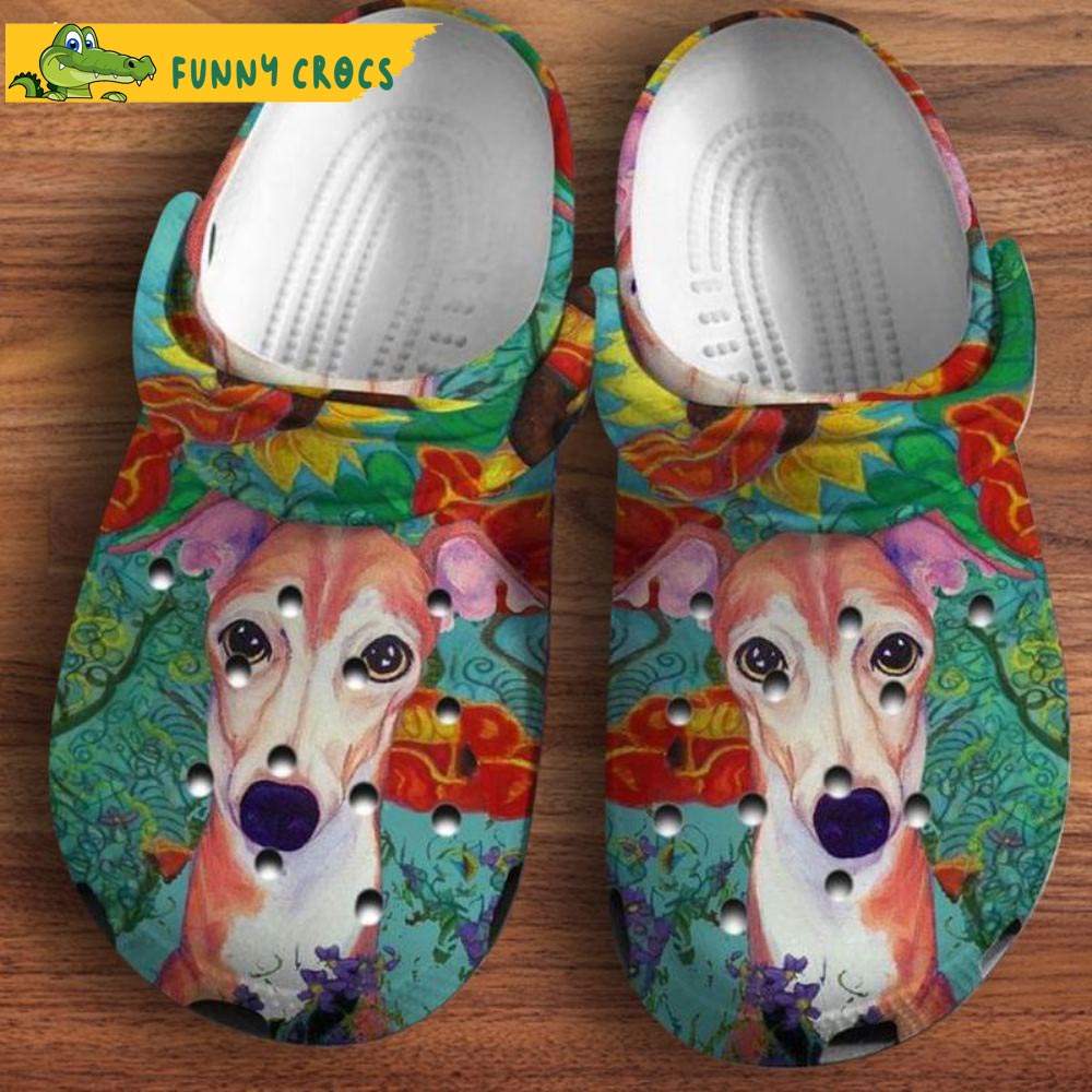 Greyhound Dog Portrait On The Cover Of Hippie Crocs