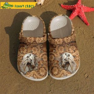 White Horse Wooden Crocs Clog Shoes