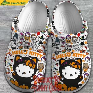 Black Hello Kitty Halloween Pattern White Crocs 1