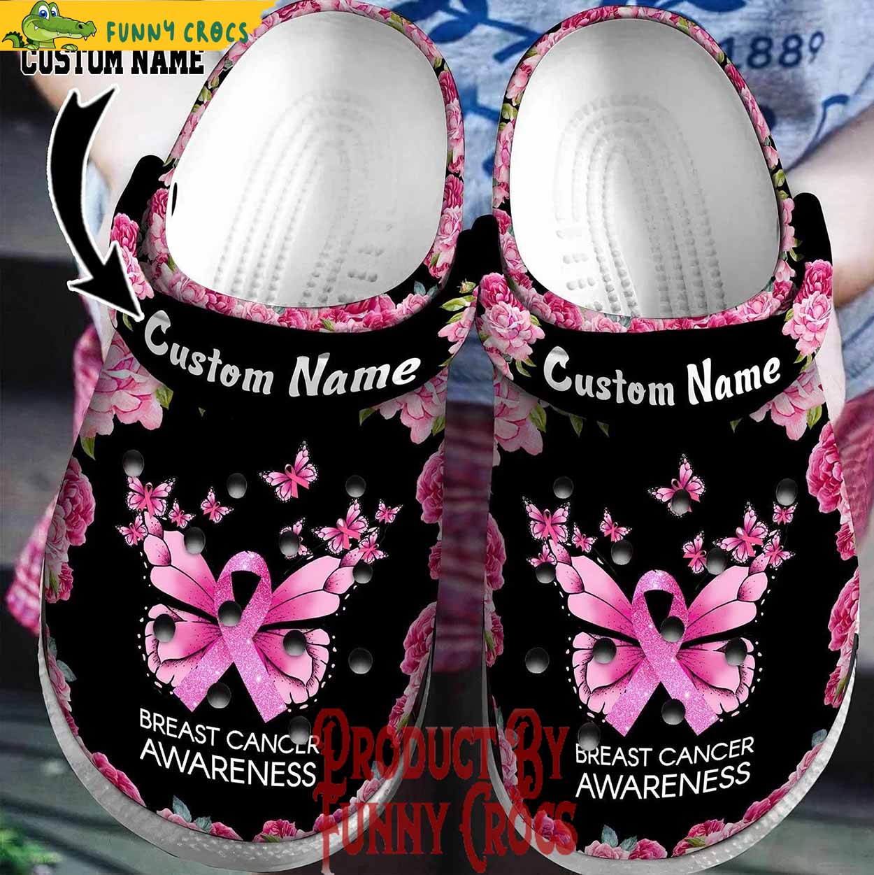 Personalized Breast Cancer Pink Ribbon Butterfly Black Crocs Shoes