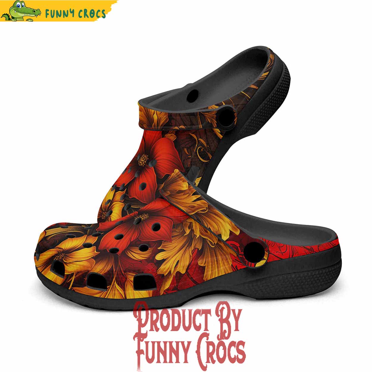 Red And Gold Floral Ornament Crocs Shoes