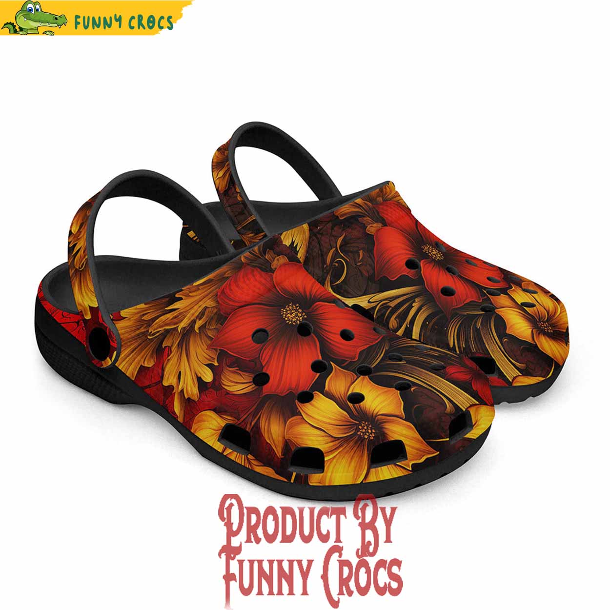 Red And Gold Floral Ornament Crocs Shoes