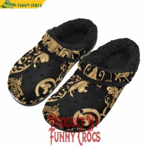 Gold Floral Adults Black Fur Lined For Crocs