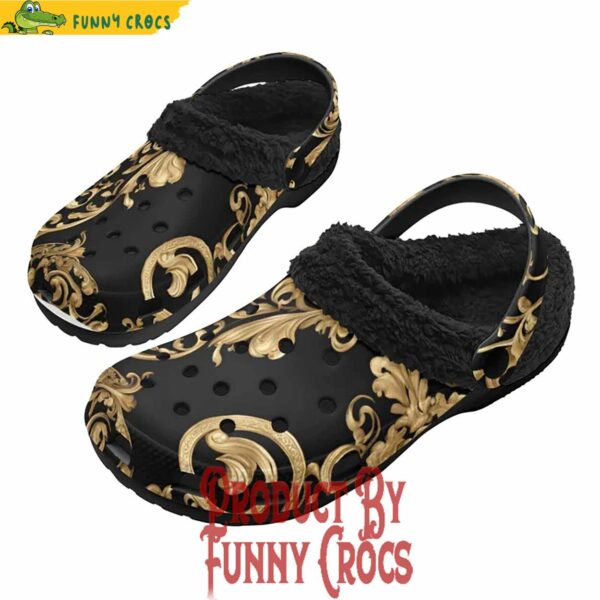 Gold Floral Adults Black Fur Lined For Crocs